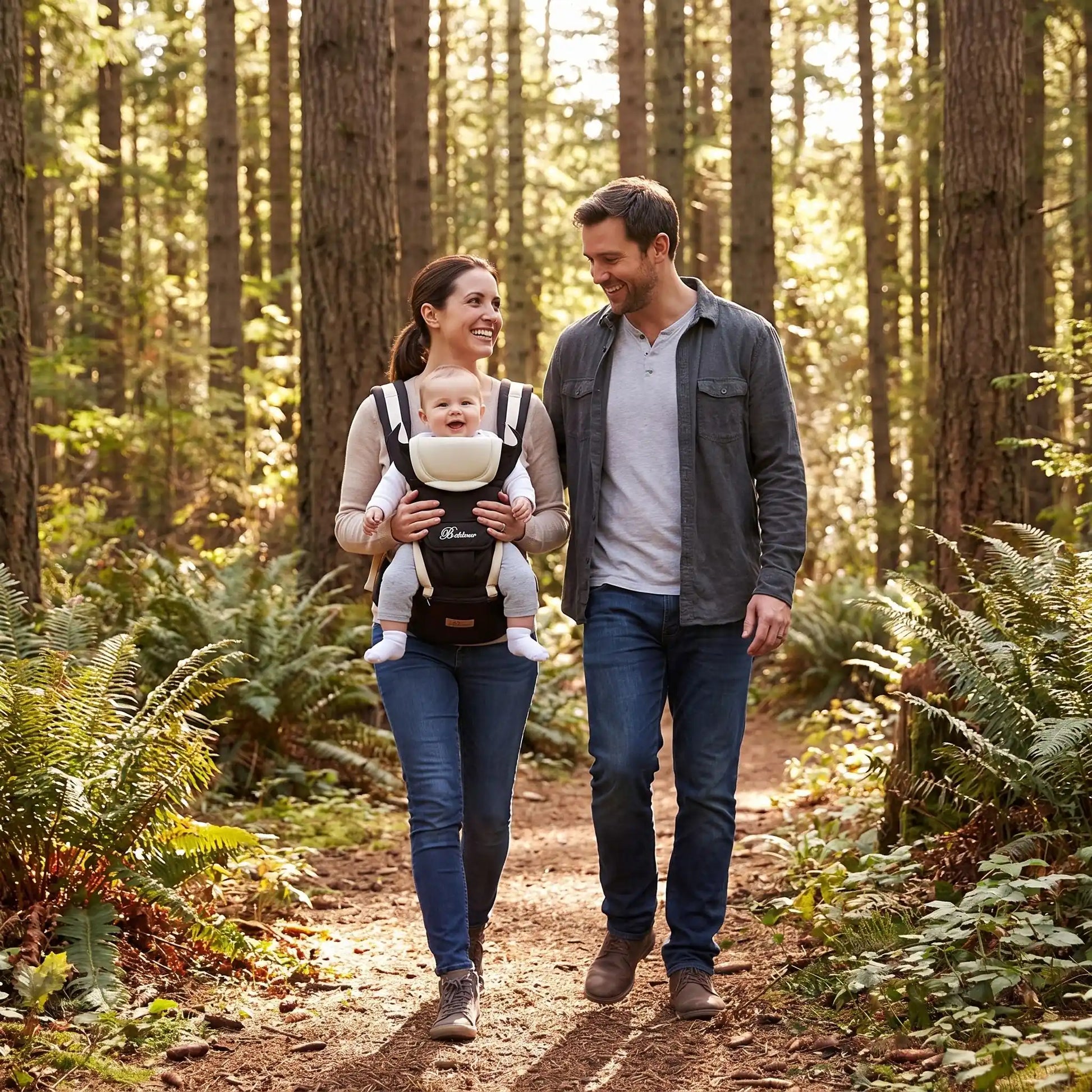 Porte bébé beige une maman et un papa qui marche dans la foret avec le bébé
