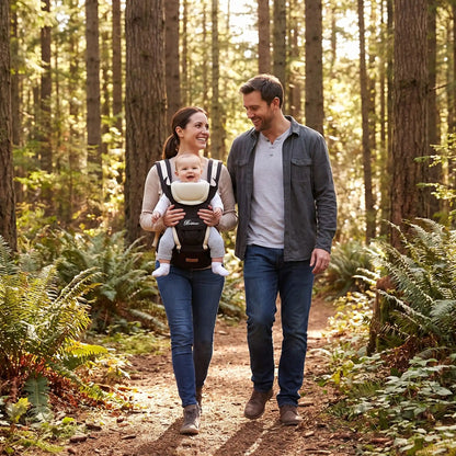 Porte bébé beige une maman et un papa qui marche dans la foret avec le bébé