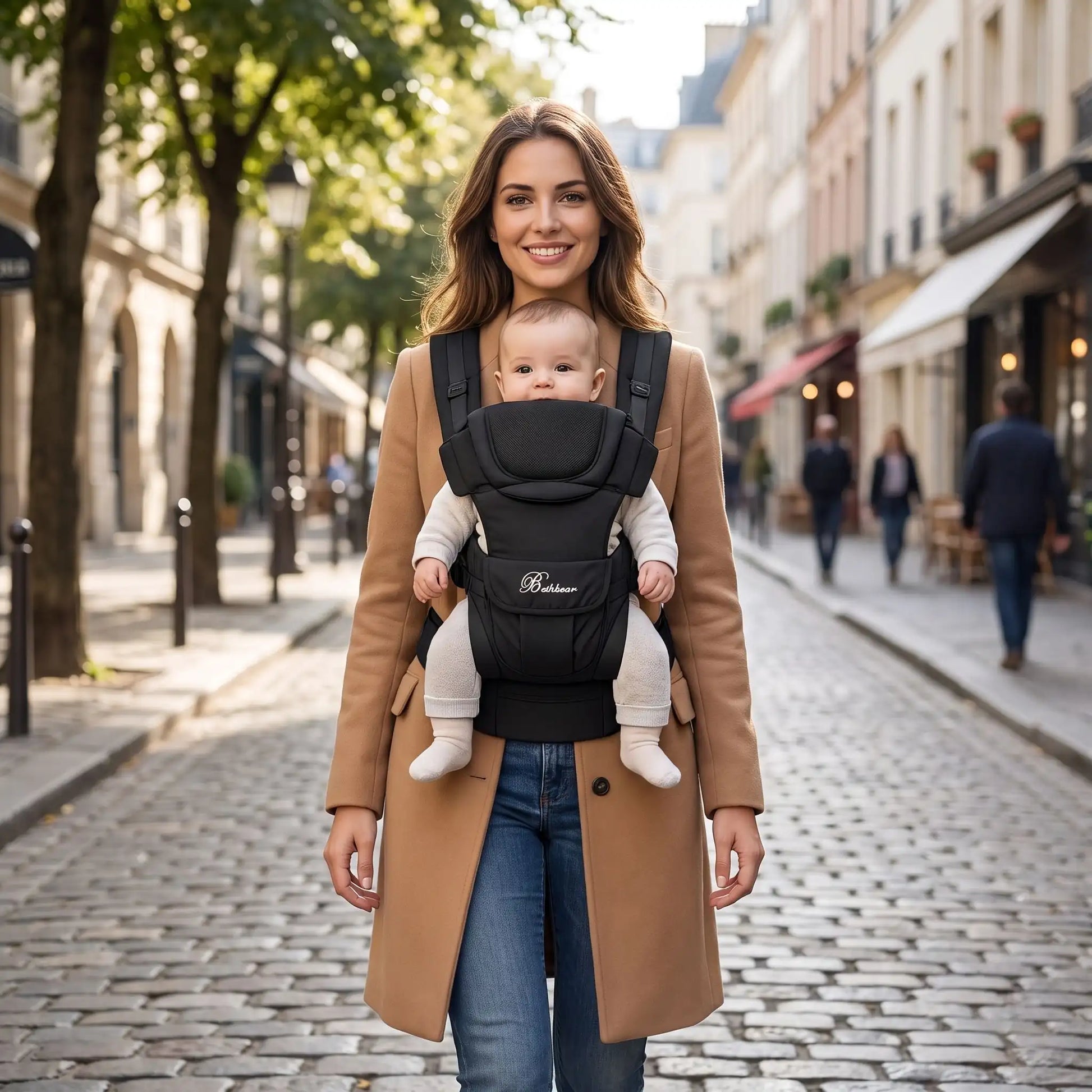 Porte bébé noir  une maman avec le bébé en ville